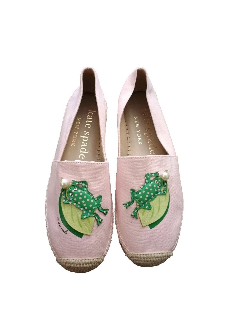 New Kate Spade Frog Applique Faux Pearls Ribbit Pink Espadrille Flats Sz 6.5
